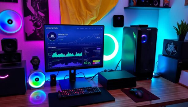 Colorful gaming setup with monitors and LED lights.