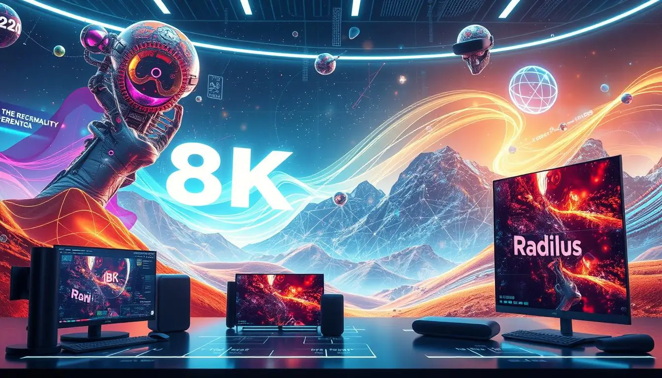 Futuristic 8K display setup with colorful space background.