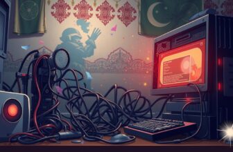 Futuristic computer setup with wires and holographic display.