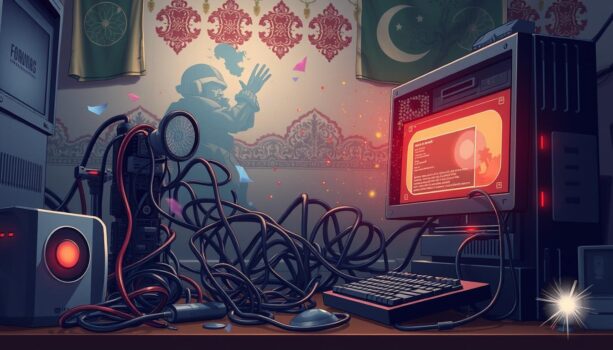 Futuristic computer setup with wires and holographic display.