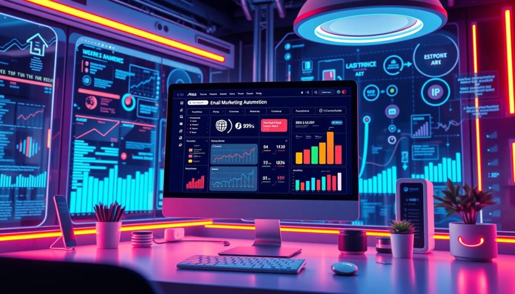 Futuristic office with data analytics dashboard display.
