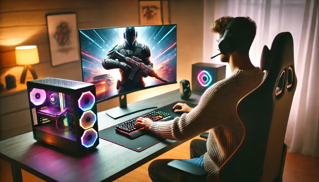 Gamer playing shooter on high-end PC setup.