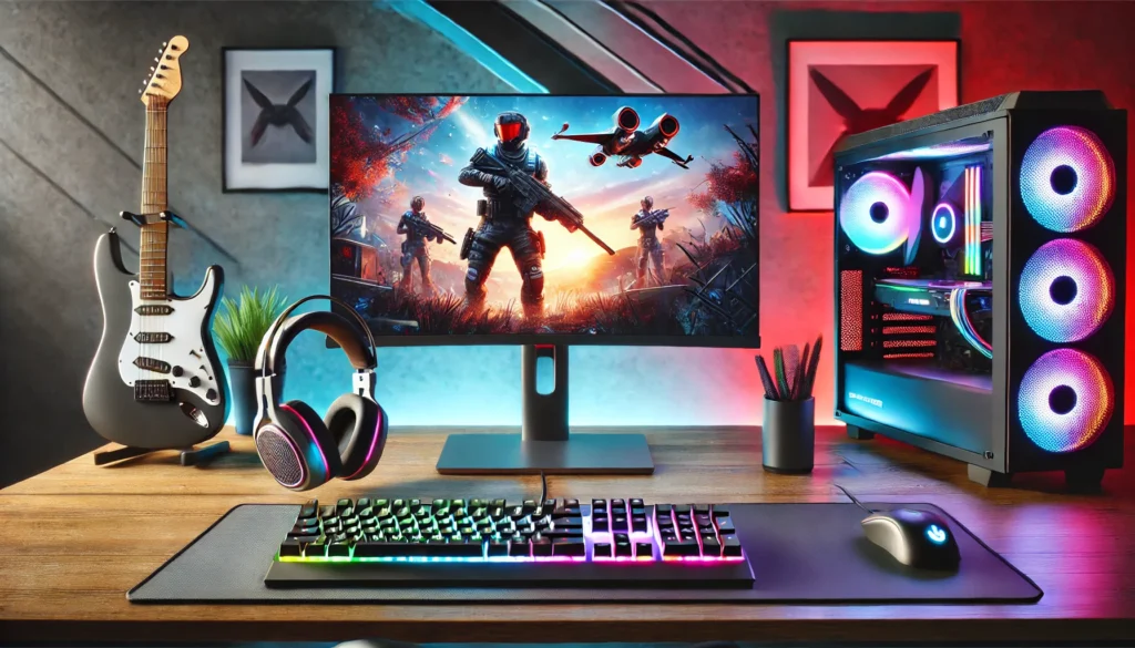 Colorful gaming setup with guitar and accessories