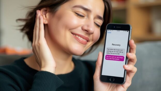 Woman smiling at phone with recovery message