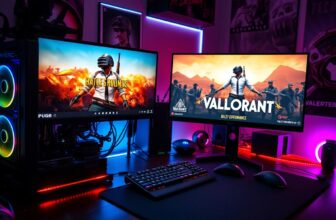 Gaming setup with PUBG and Valorant on screens.