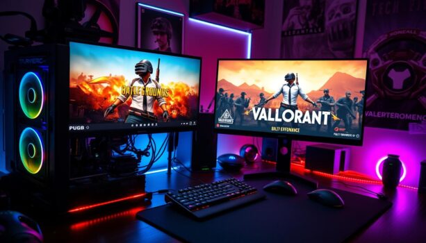 Gaming setup with PUBG and Valorant on screens.