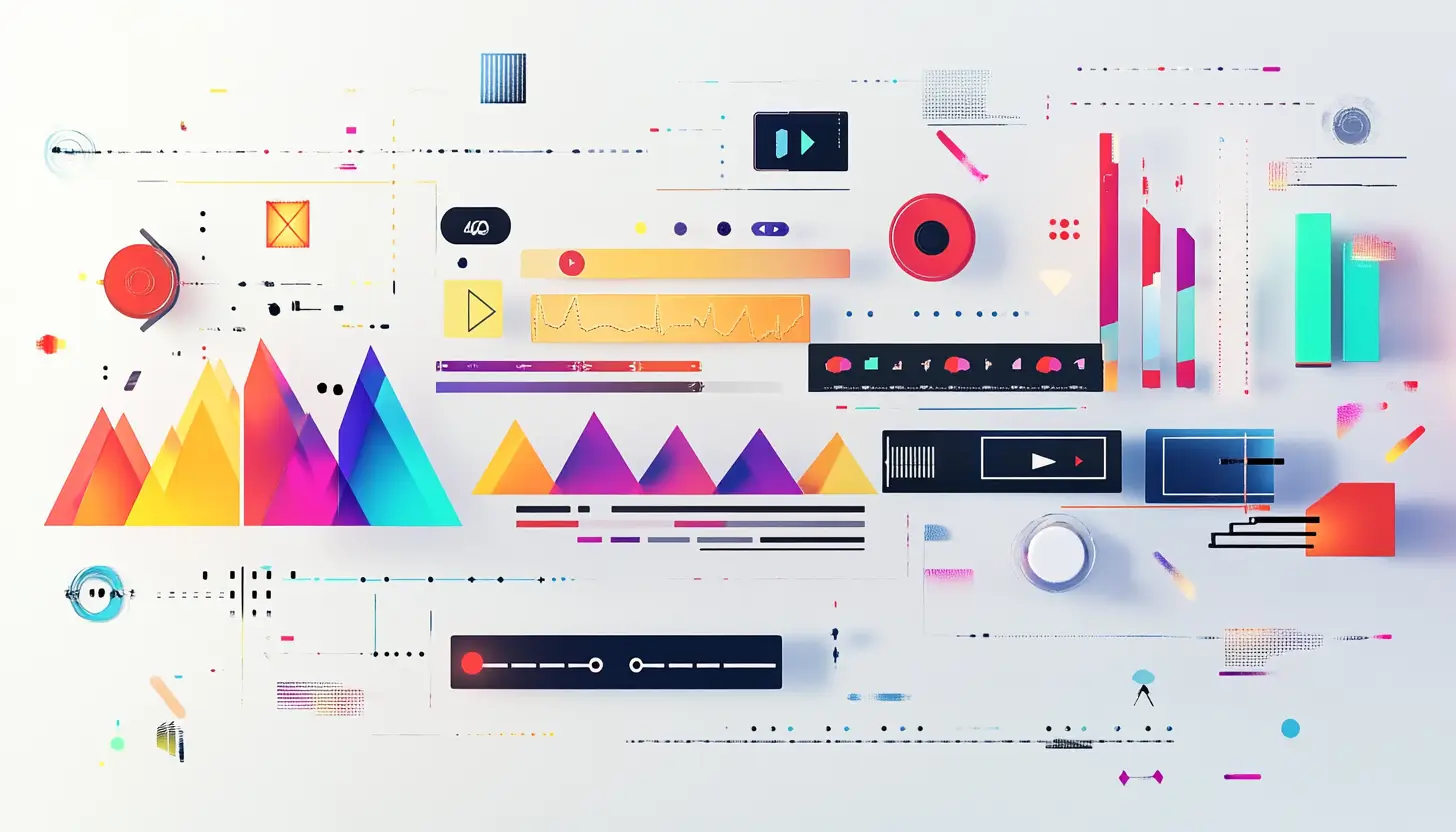 Colorful abstract geometric shapes and digital elements.