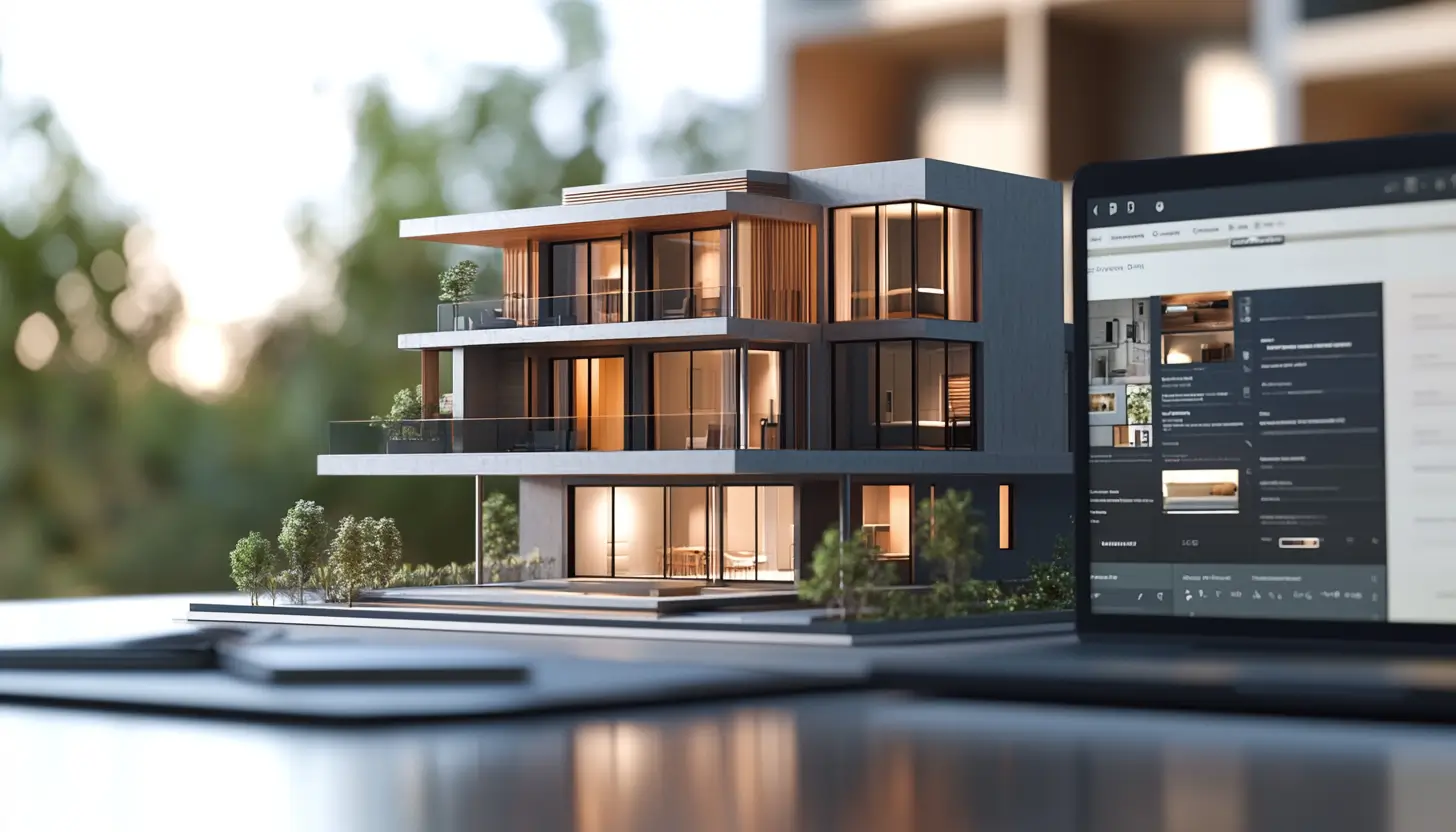 Modern architectural model next to laptop screen.