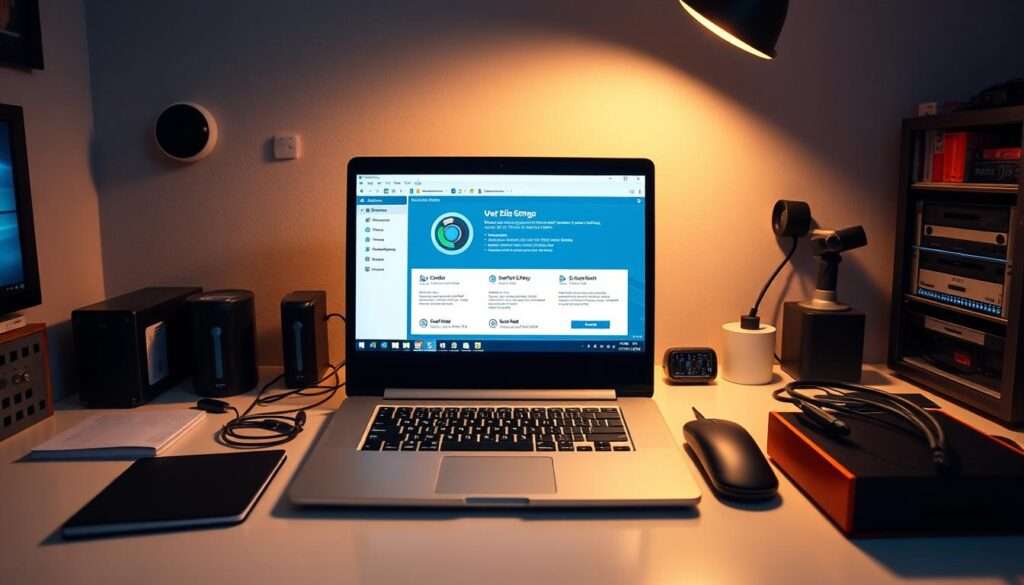 Laptop on desk with tech devices and warm lighting.