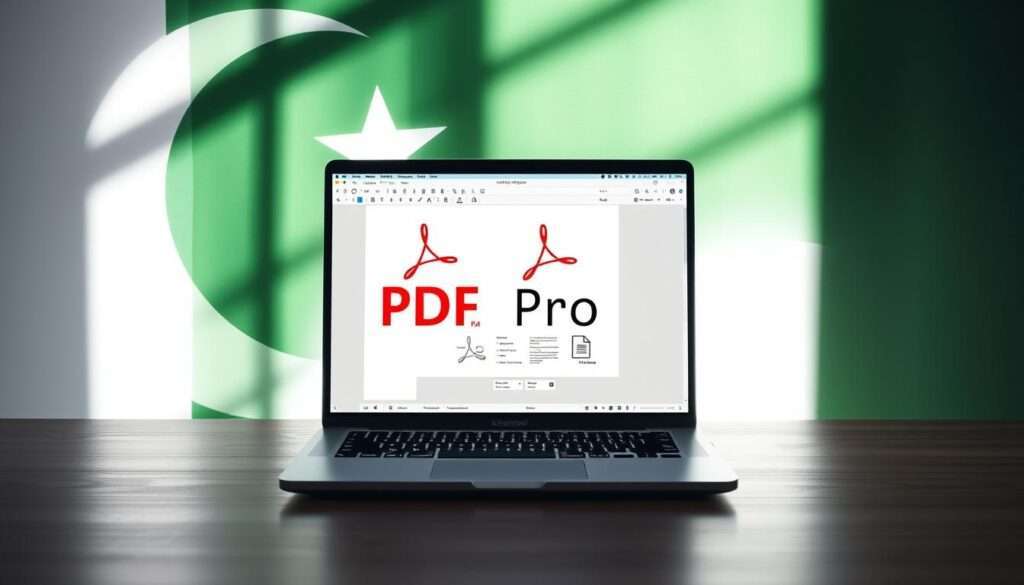 Laptop displaying document editing software at desk