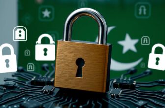 Padlock on circuit board, digital security concept.