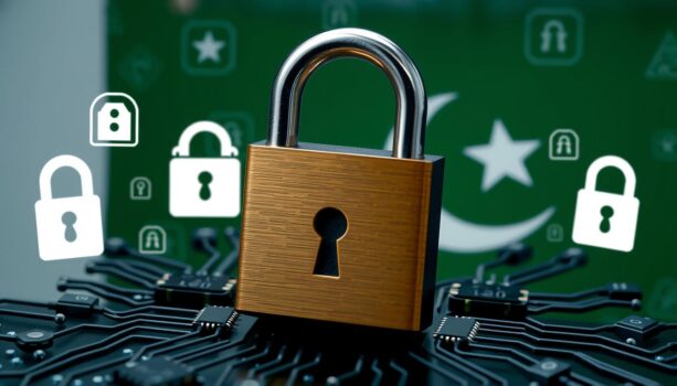 Padlock on circuit board, digital security concept.