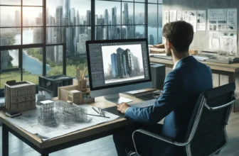 Architect designing skyscraper on computer in office.