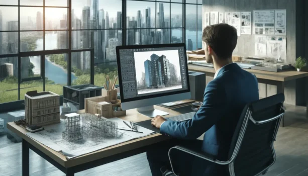 Architect designing skyscraper on computer in office.