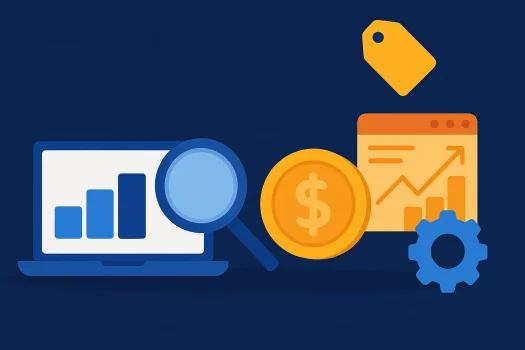 Graphs and financial icons on a dark background.