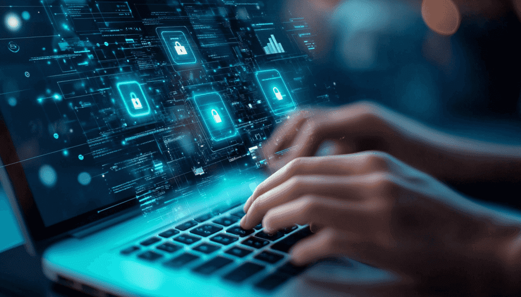 Hands typing on a laptop with security graphics.