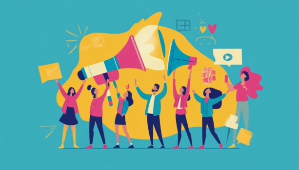 Group of people celebrating with megaphones and signs.