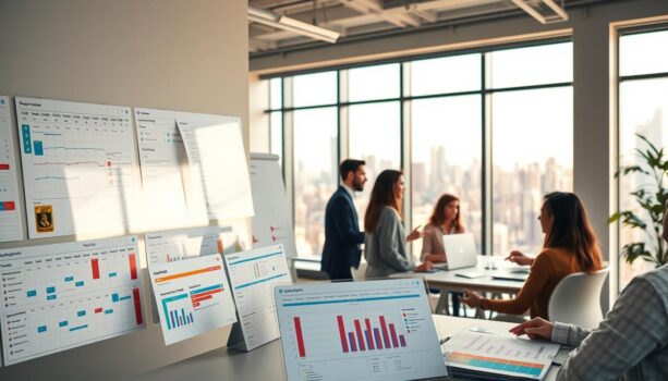 Business meeting with charts and graphs in office.