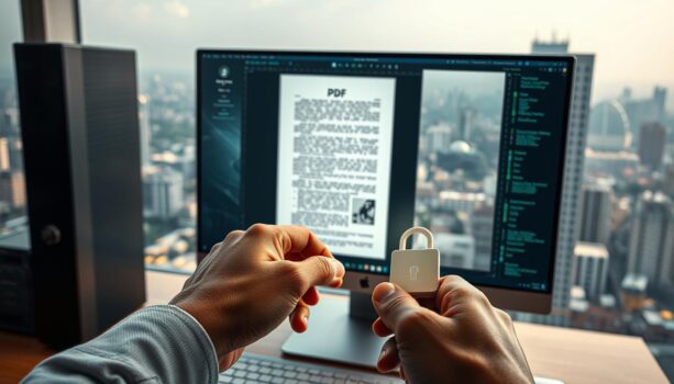Hands holding a security lock near a computer.