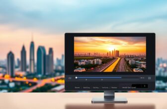 Computer screen displaying a sunset cityscape video.