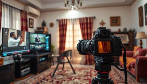 Camera facing a cozy living room setup