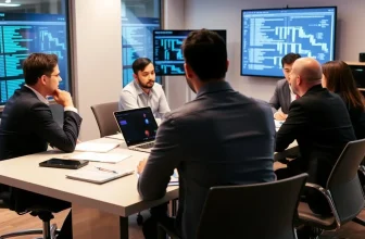 Business meeting with multiple participants discussing technology.