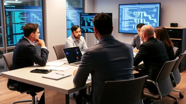 Business meeting with multiple participants discussing technology.