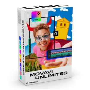 Movavi Unlimited software box with vibrant visuals