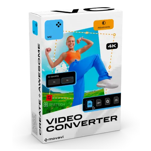 Movavi Video Converter packaging with cheerful person