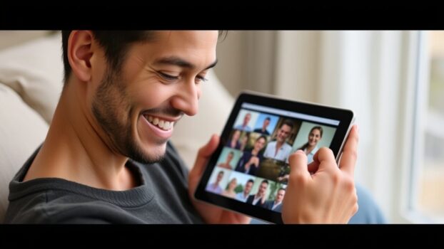 Man smiling while using a tablet indoors.