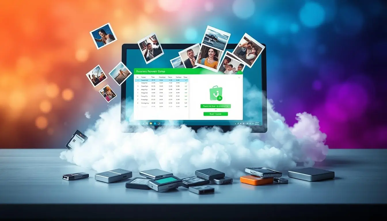 Computer displaying photo recovery software with clouds.