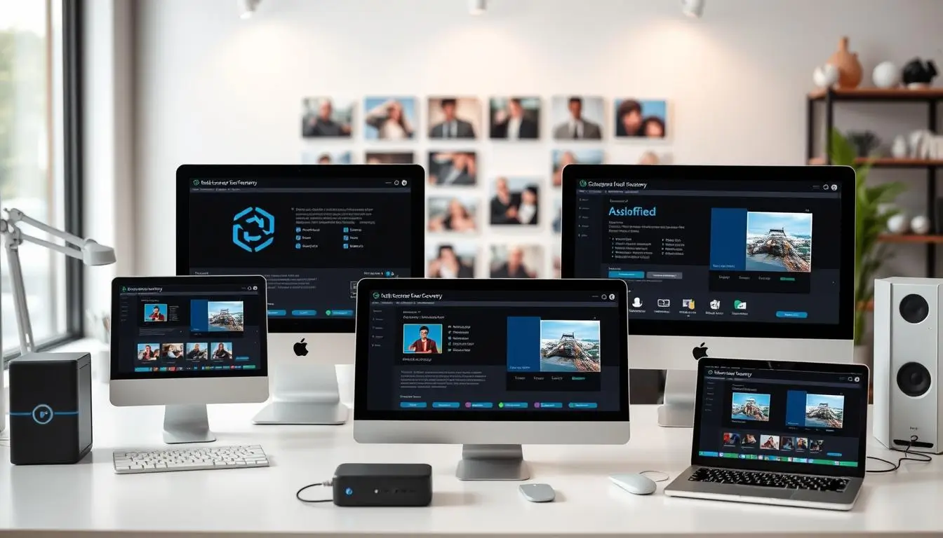 Multiple computers displaying user interface applications.