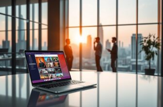 Laptop on table with city skyline behind.