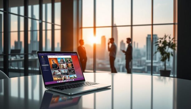 Laptop on table with city skyline behind.