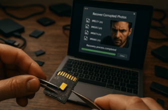 Hand repairing SD card near recovery software interface.