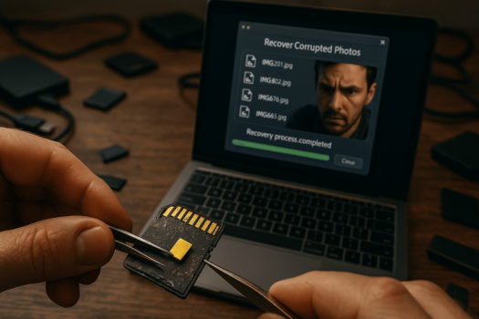 Hand repairing SD card near recovery software interface.