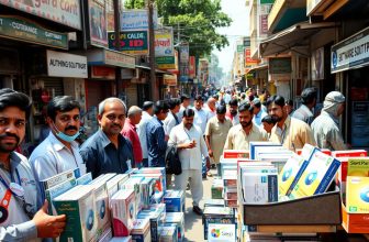 Busy street market with software and books for sale.