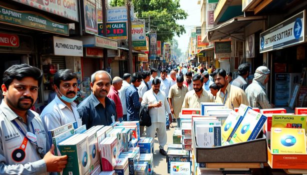 Busy street market with software and books for sale.