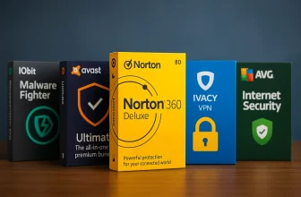 Various cybersecurity software boxes displayed together.