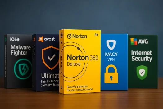 Various cybersecurity software boxes displayed together.