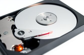 Close-up of a hard disk drive internal components.