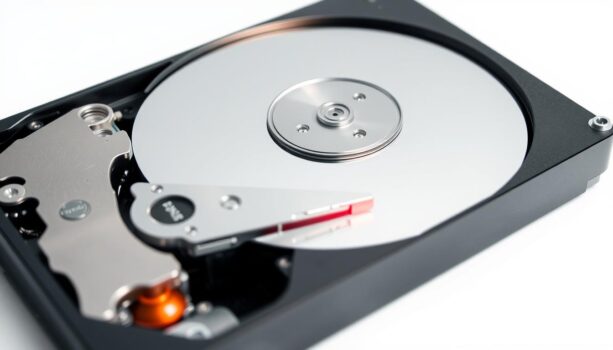 Close-up of a hard disk drive internal components.