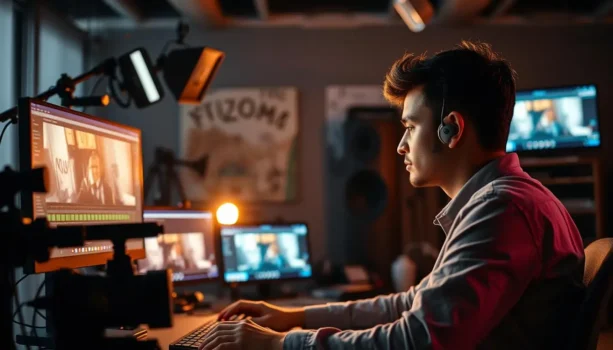 A focused individual editing video with multiple screens.