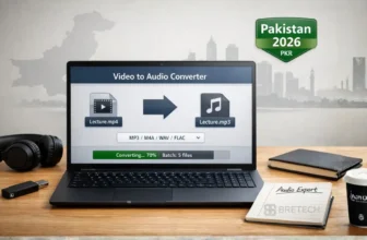 Laptop displaying video to audio converter interface.