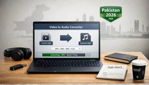 Laptop displaying video to audio converter interface.
