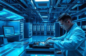 Technician working on data storage equipment.