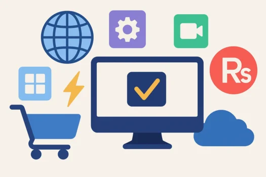 Digital icons representing online services and shopping.