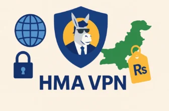 HMA VPN logo with security and geography icons