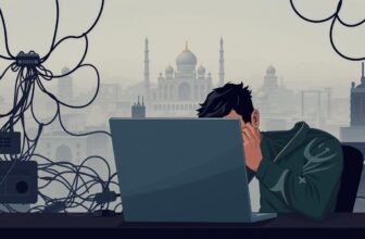 Person stressed at a computer with tangled wires.