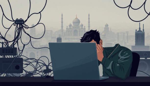 Person stressed at a computer with tangled wires.